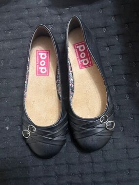 POP Black Women's Slip-On Ballet Flats with Decorative Buckles